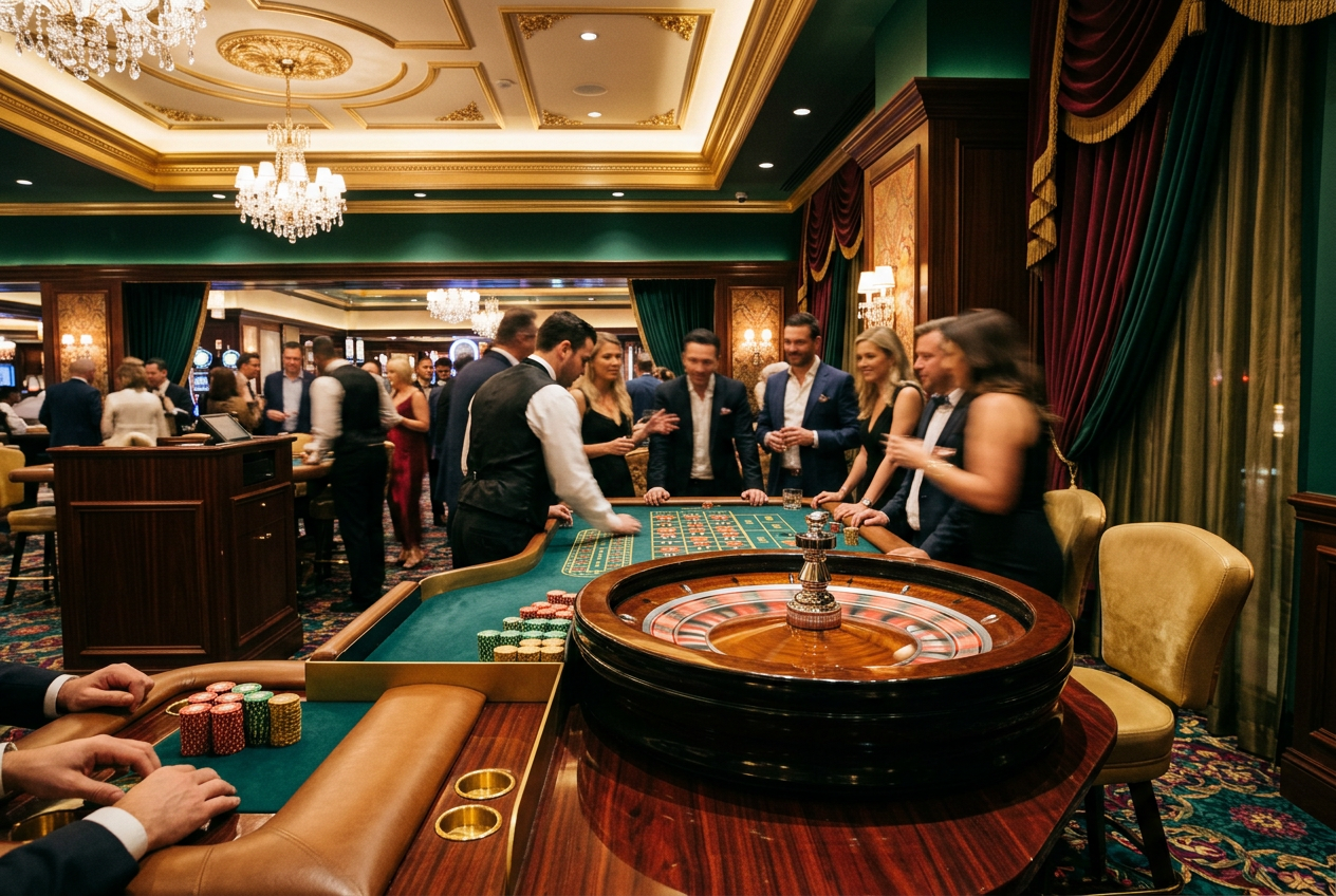 Atmosférický široký záběr na luxusní kasino s rozmazanou ruletou v pozadí a teplým osvětlením